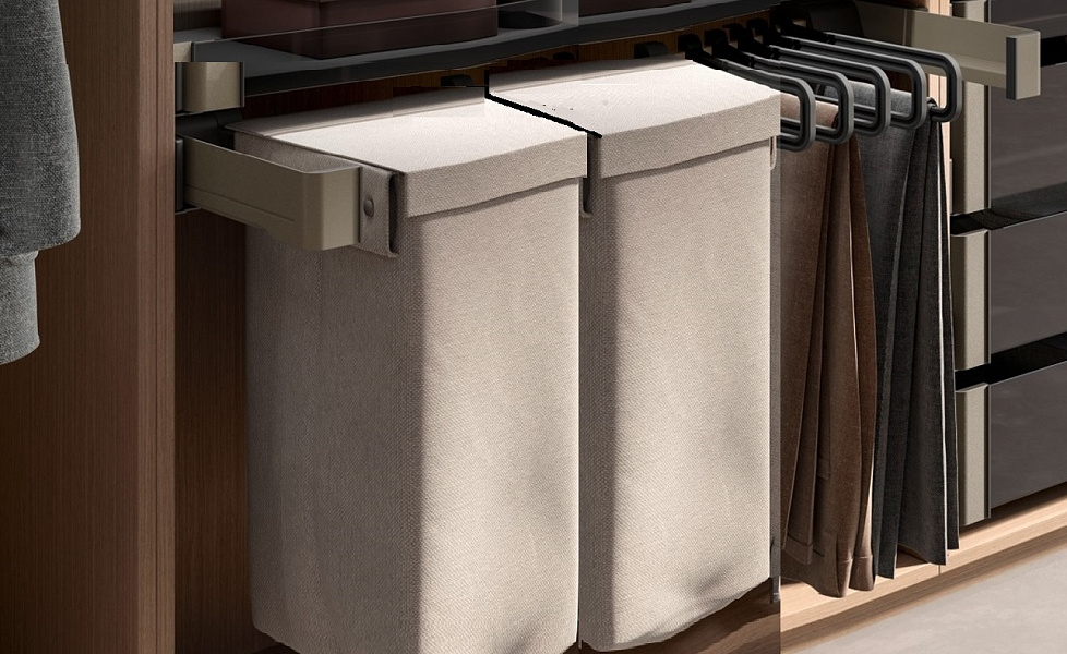 КОМПЛЕКТ Мешок для белья 450 мм Конеро W 910-970 мм, D 475 мм; мешок узкий 2 шт; вешалки 5 шт; шампань Kessebohmer | официальный магазин