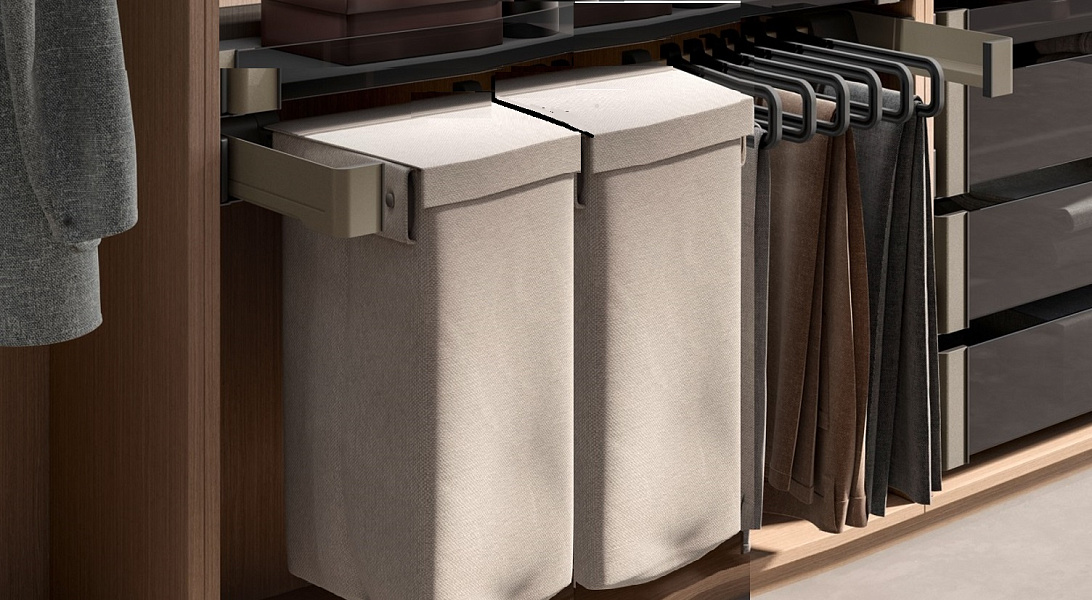 КОМПЛЕКТ Мешок для белья 450 мм Конеро W 960-1020 мм, D 475 мм; мешок узкий 2 шт; вешалки 6 шт; шампань Kessebohmer | официальный магазин